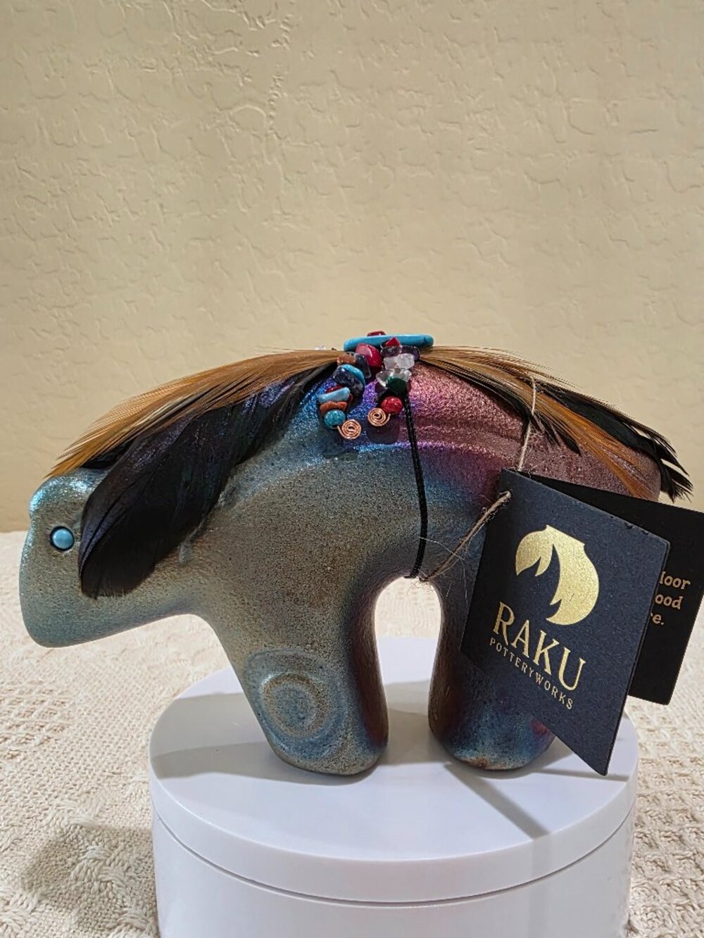 Jeremy Diller Raku Pottery Spirit Bear Fetish Figurine Turquoise Eye Feathers B2 - Picture 3 of 17